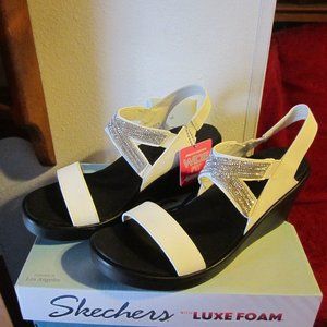 Skechers Sling Back Wedge Sandals- Rumble on Chart Topper  White 10 Wide